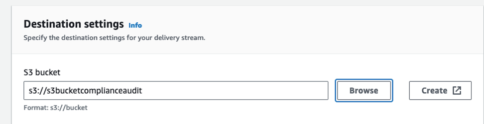 Figure 3 Kinesis Data Firehose Console Destination Settings