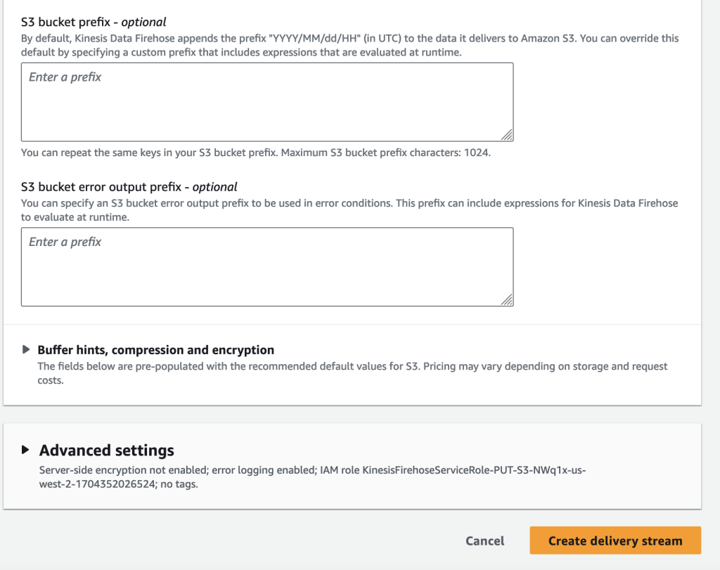 Figure 4 Kinesis Data Firehose Create Delivery Stream