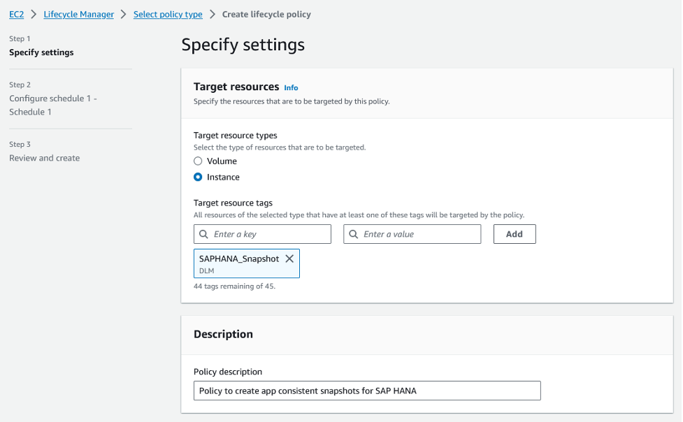 Specify settings to create data lifecycle manager policy