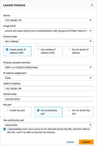 Launch instance dialog from OpsHub