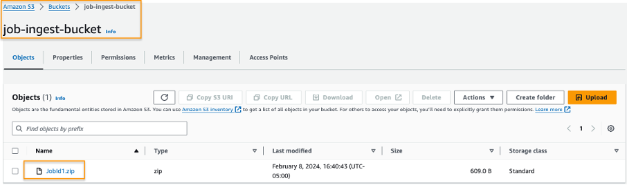 Example: Job ingest S3 bucket after job bundle file has been uploaded