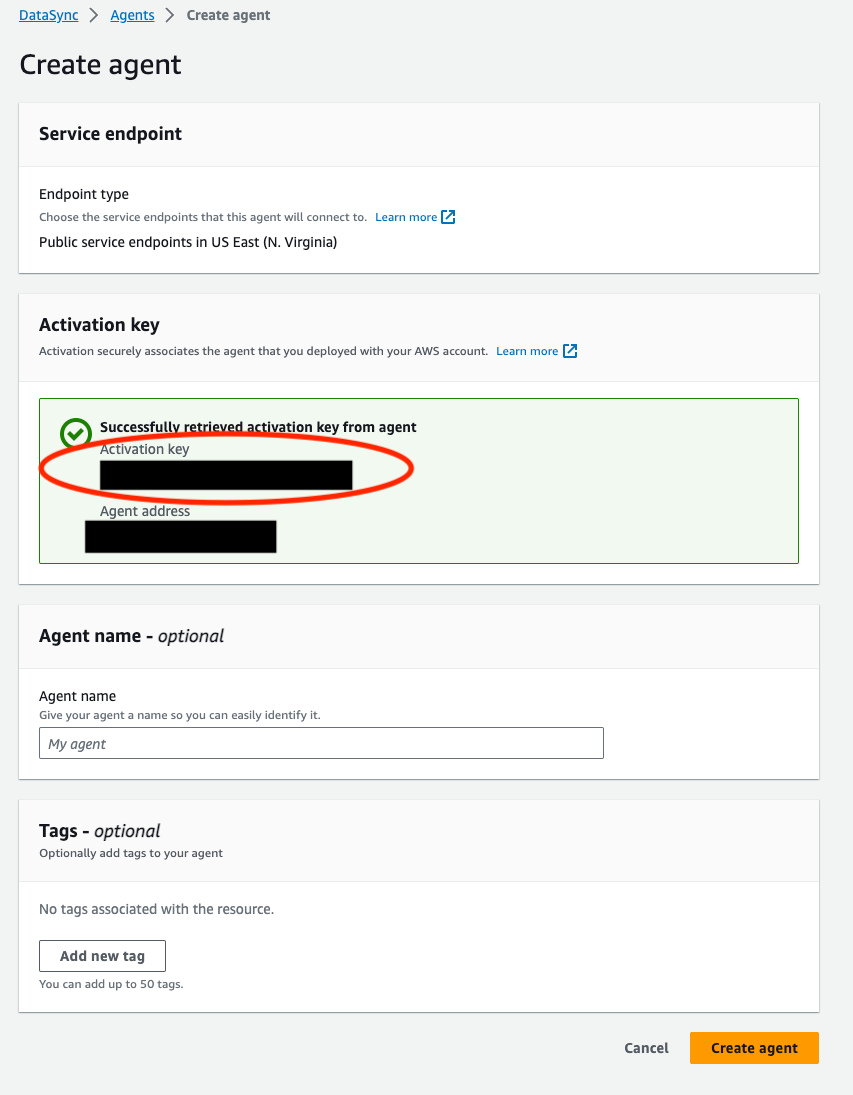 DataSync Activation key value is displayed under the Activation key section needed to create an agent