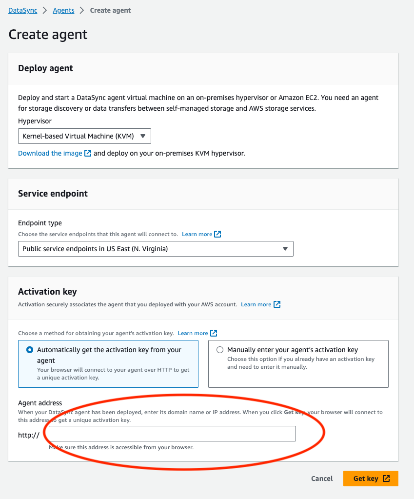 Enter the IP address for DataSync agent running in Activation Key section with the Radio button chosen as the Automatically get the activation key from your agent.