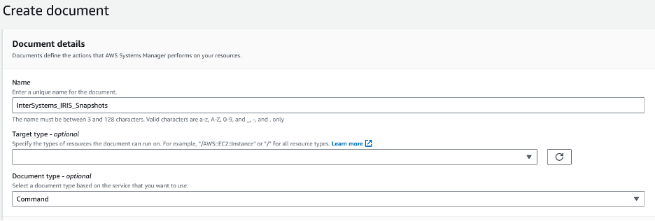 Screenshot for setting SSM document parameters