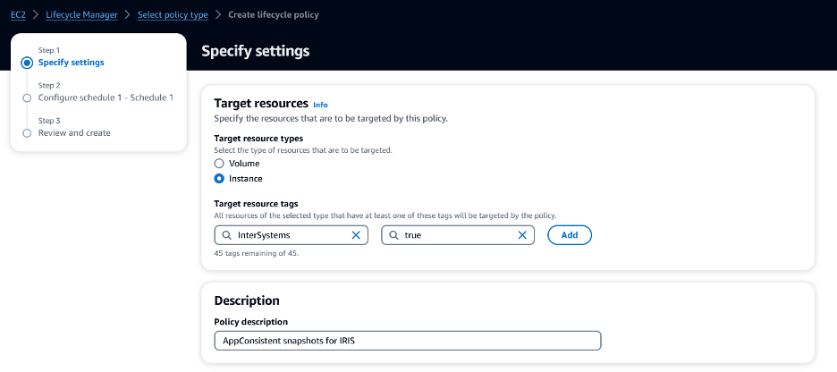 Screenshot showing the creation of DLM policy