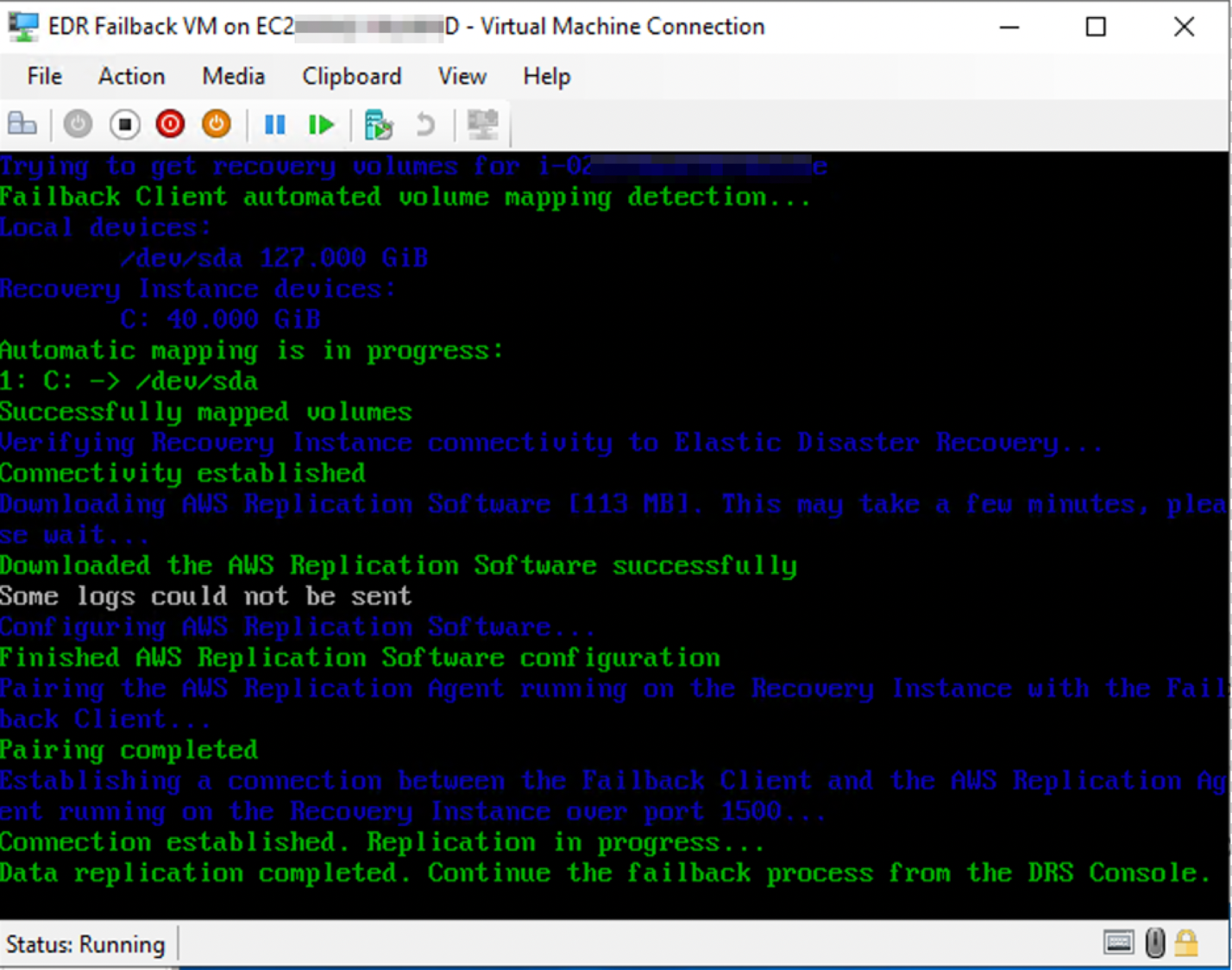 Figure 13 Command line outputs for the failback process on the VM
