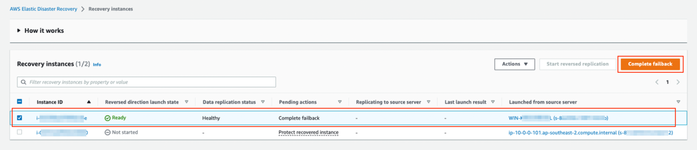 Figure 14 Completed failback action in the Elastic Disaster Recovery console