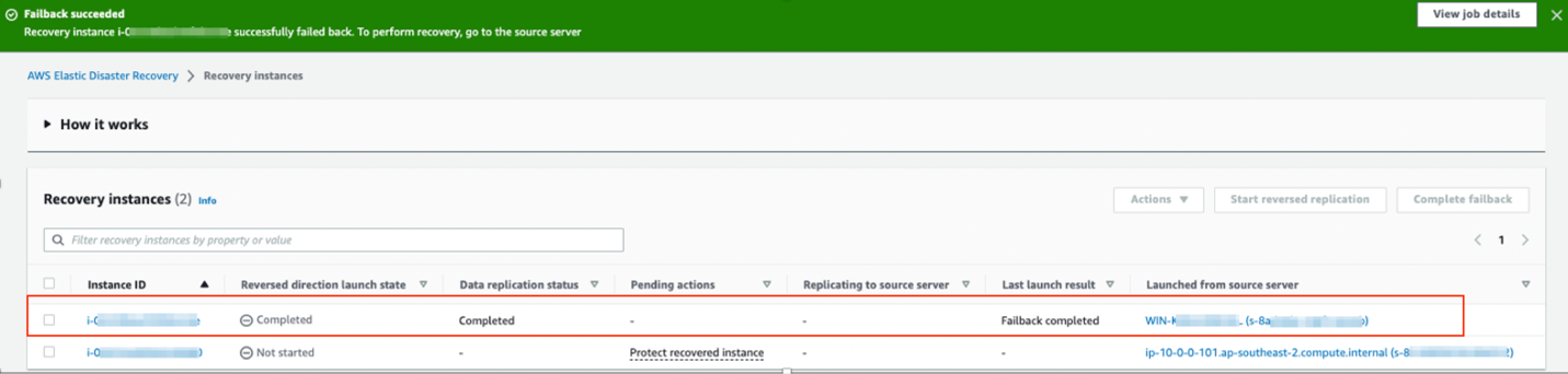 Figure 15 Successful failback of the Windows 2019 VM