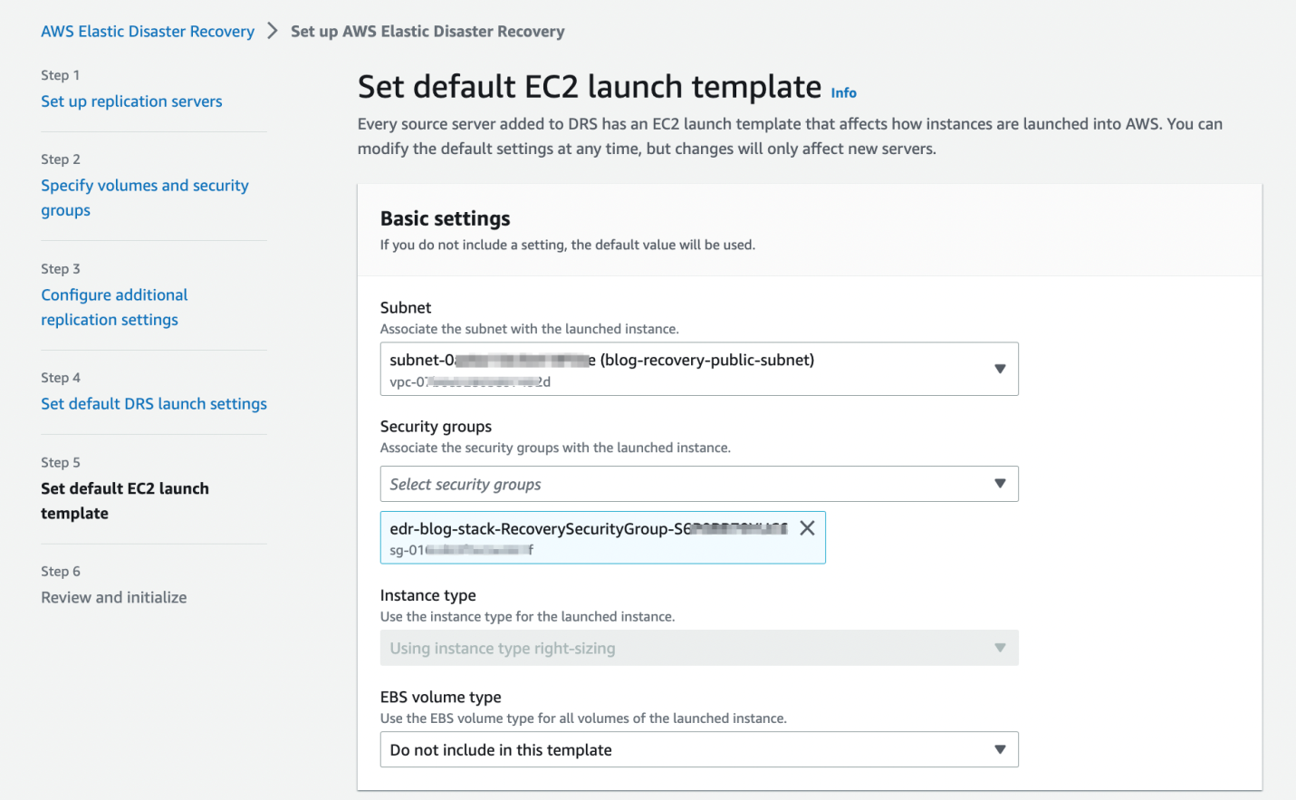 Figure 4 Step 5 of setting up AWS Elastic Disaster Recovery – default Amazon EC2 launch template