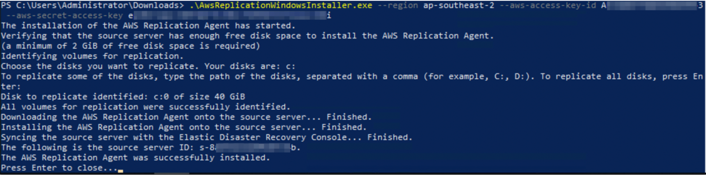 Figure 5 Command line output for the replication agent installation on the windows 2019 server