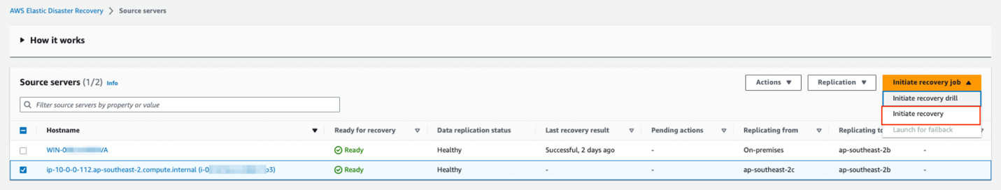 Figure 8 Initiation of a recovery in the Elastic Disaster Recovery console
