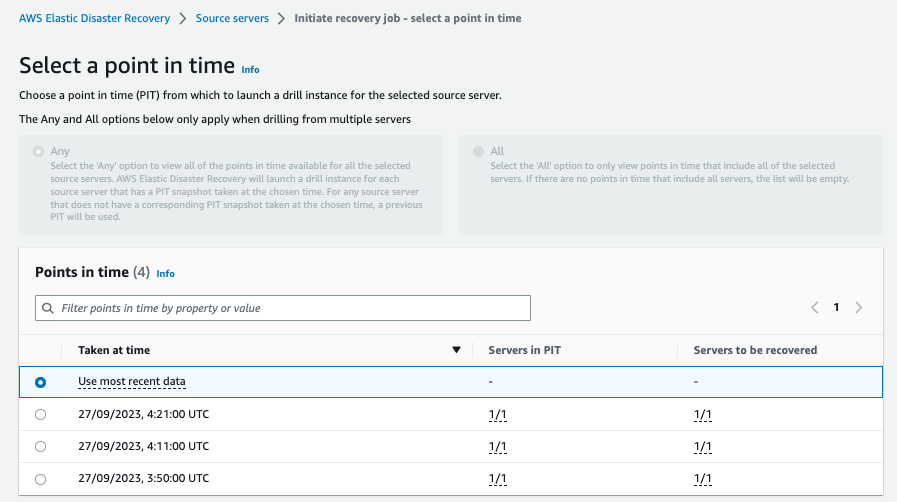 Figure 9 Select a point in time to initiate the recovery job