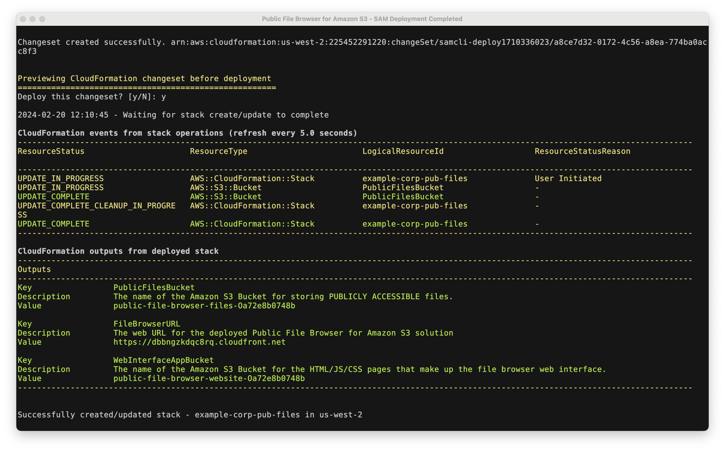 A screenshot of a terminal window showing the successful output of the sam-deploy command. It shows the CloudFormation outputs showing the PublicFilesBucket, the FileBrowserURL, and the WebInterfaceAppBucket outputs.