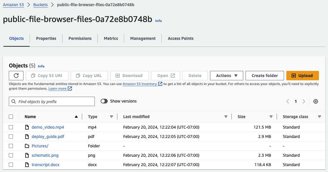 A screenshot of the AWS Management Console's S3 Bucket contents view. The bucket is the bucket for public files and has the contents which were previously uploaded.
