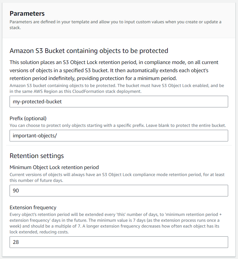 Screenshot of CloudFormation template parameters - bucket, prefix, minimum retention and extension frequency