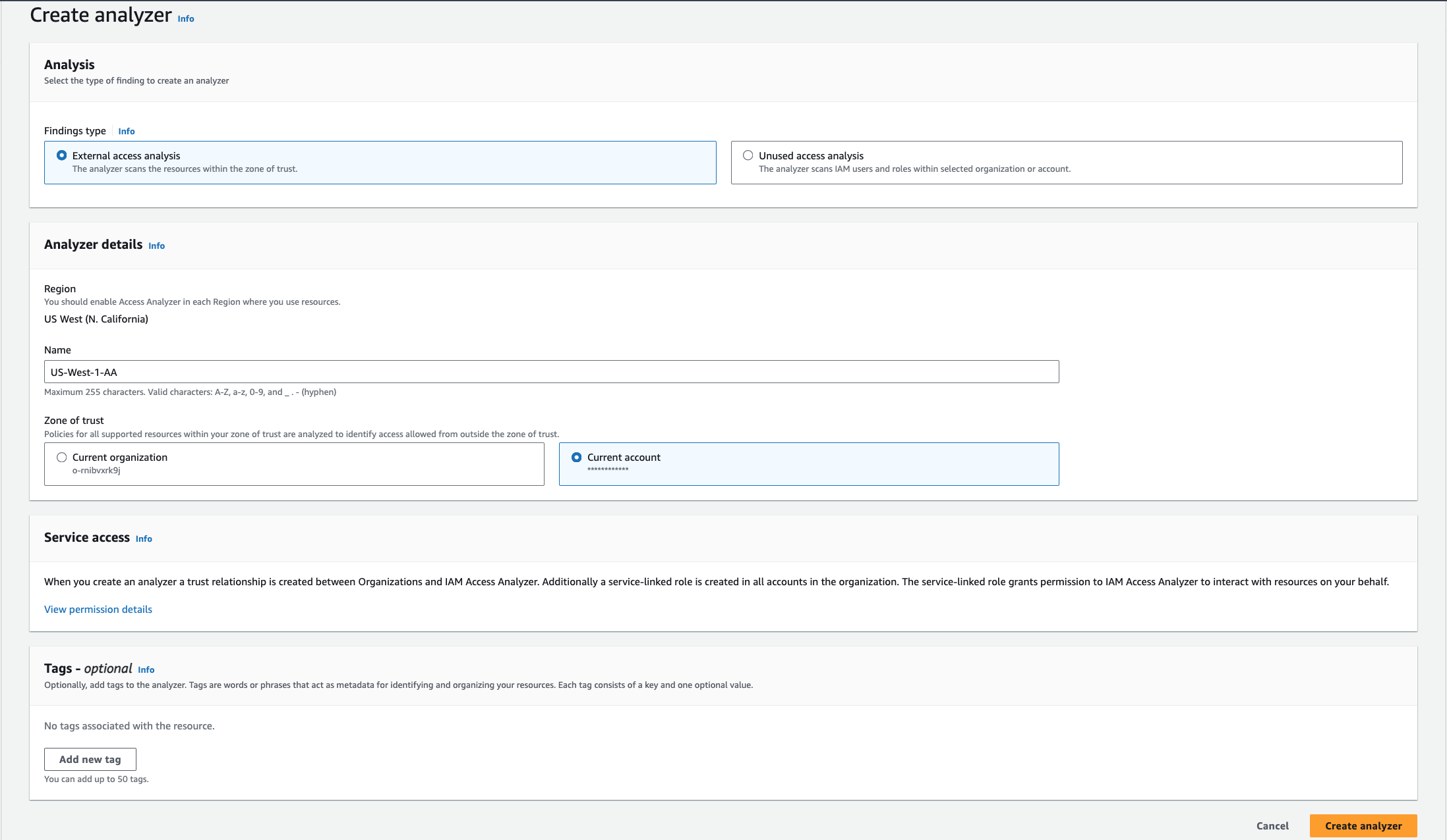 Figure 3- Create analyzer page which allows you to choose the Name and Zone of trust for the analyzer
