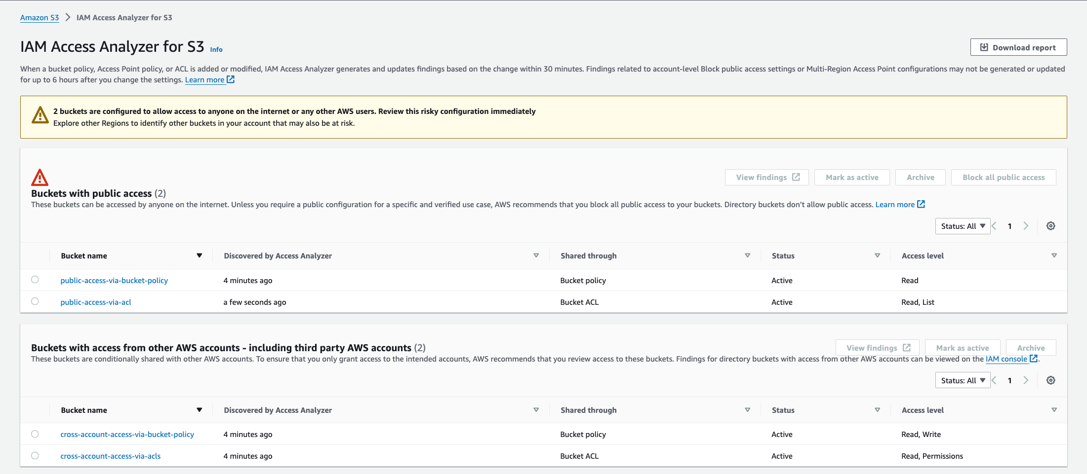 Figure 4- Example findings on the IAM Access Analyzer for S3 page, after the analyzer has been created