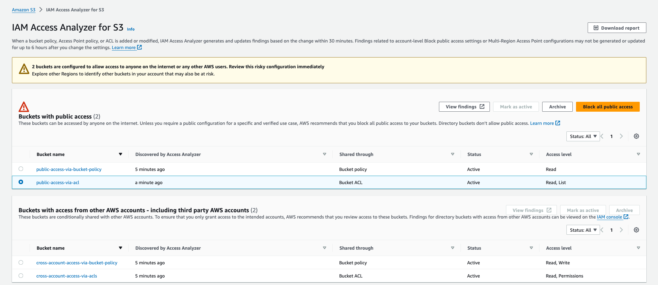 Figure 5- Selecting a bucket from the list on the IAM Access Analyzer for S3 page
