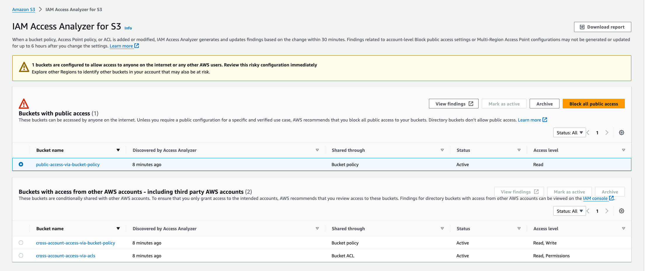 Figure 7- Selecting a finding that you wish to archive on the IAM Access Analyzer for S3 page