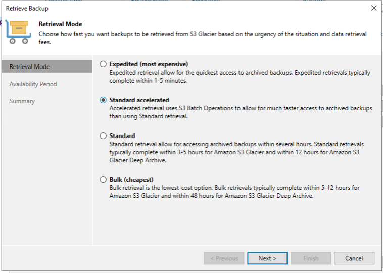 Select the Retrieval Mode for this restore