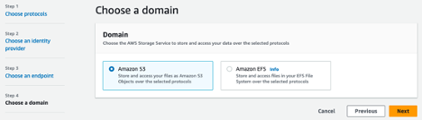 Screenshot of Choose a domain page in AWS Transfer Family create server workflow