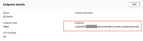Screenshot of endpoint details page for the SFTP server with the Endpoint address highlighted