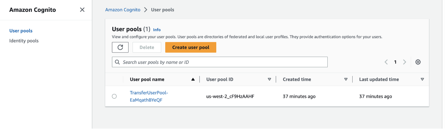 Screenshot showing list of Cognito User pools