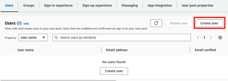 Screenshot of users tab for selected Cognito User pool with Create user button highlighted
