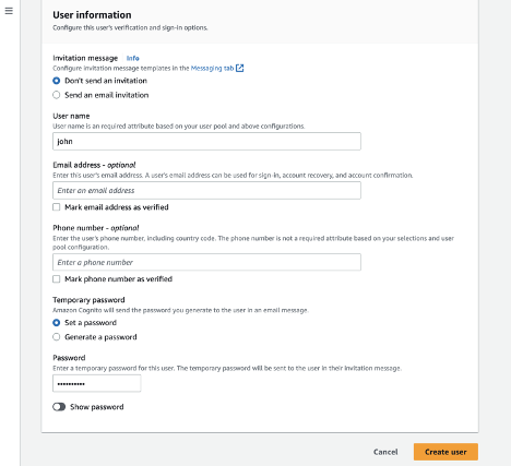 Screenshot of User information pop up that appears after clicking Create user. User Name field is populated with 'john'