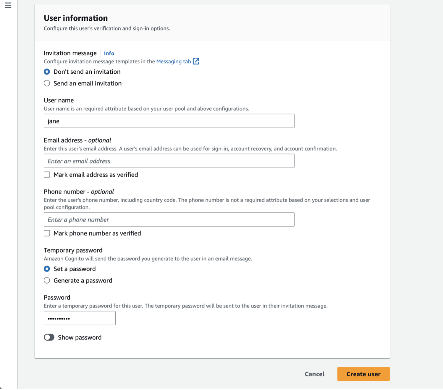 Screenshot of User information pop up that appears after clicking Create user. User Name field is populated with 'jane'