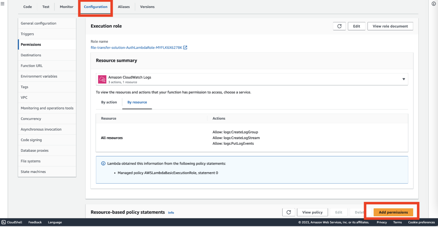 Screenshot of Configuration tab for the Lambda function