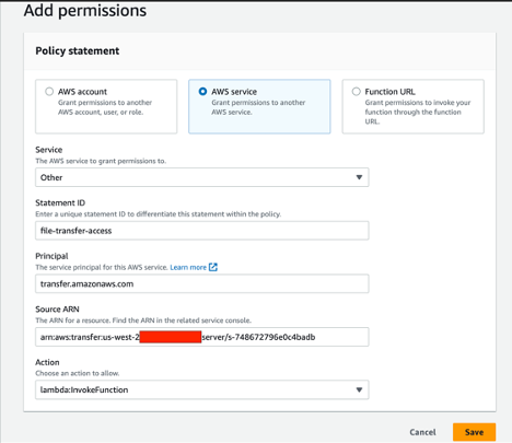 Screenshot of window popup after selecting 'Add Permissions' with fields populated with entries from direction