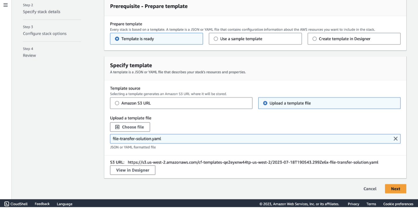 Screenshot of template specification page for CloudFormation with 'Template is ready' selected in Prepare Template section, 'Upload a template file' selected in Template source section, and file-transfer-solution.yaml chosen in Upload a template file section
