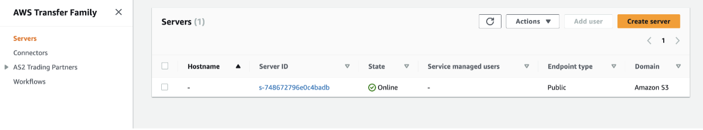 Screenshot of list of created SFTP servers