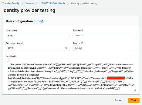 Screenshot of results from using Identity provider testing in AWS Transfer Family console page