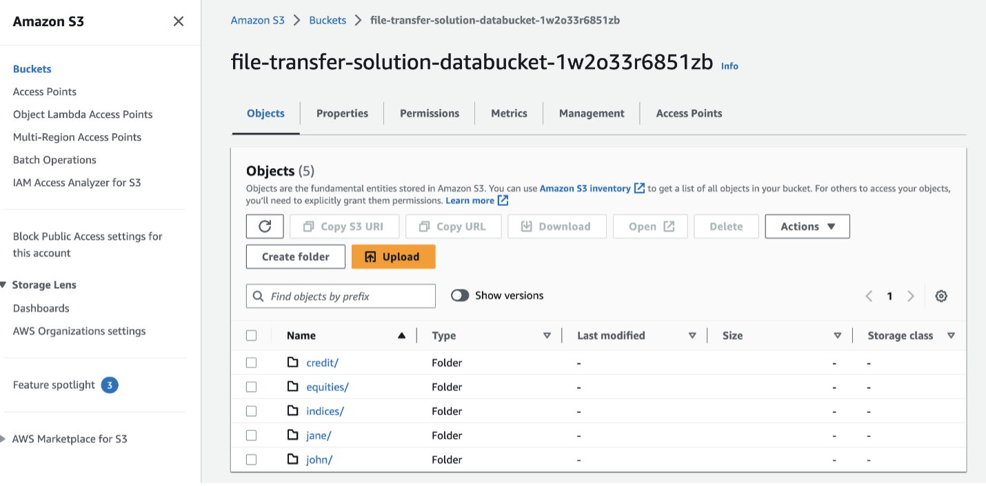 Screenshot of file-transfer-solution-data-bucket-xxxx bucket S3 console page