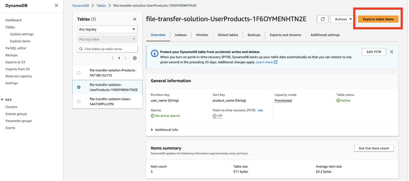 Screenshot of file-transfer-solution-UserProducts-xxx table in the DynamoDB console