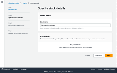 Screenshot showing Specify stack details console page with stack name as file-transfer-solution. This console page is the second page in the CloudFormation Create stack workflow