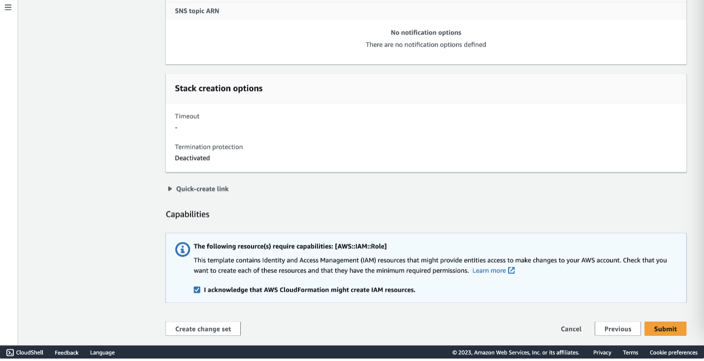 Screenshot of IAM resource creation check box in Review stack console page from the CloudFormation Create stack workflow