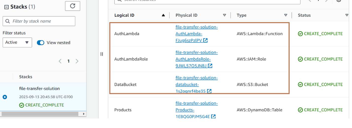 Screenshot of Outputs tab from the created CloudFormation stack with the AuthLambda, AuthLambdaRole, and DataBucket entries highlighted