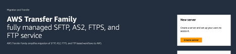 Screenshot of AWS Transfer Family console landing page