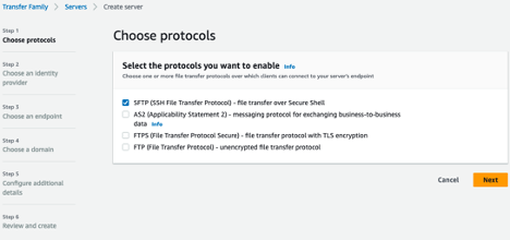 Screenshot of Choose protocols console page in AWS Transfer Family create server workflow