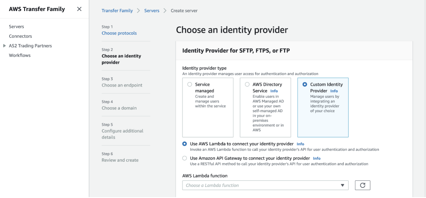 Screenshot of Choose an identity provider console page in AWS Transfer Family create server workflow