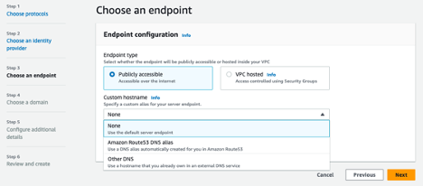 Screenshot of Choose an endpoint console page in AWS Transfer Family create server workflow