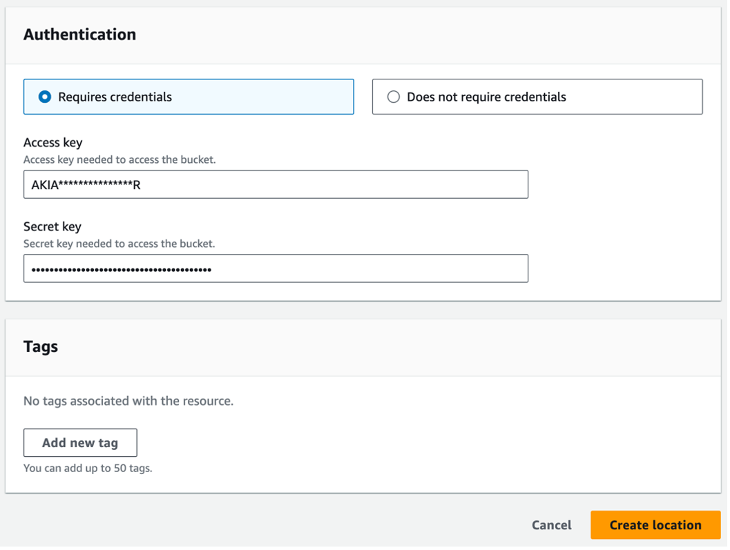 User authentication key for a DataSync object storage location