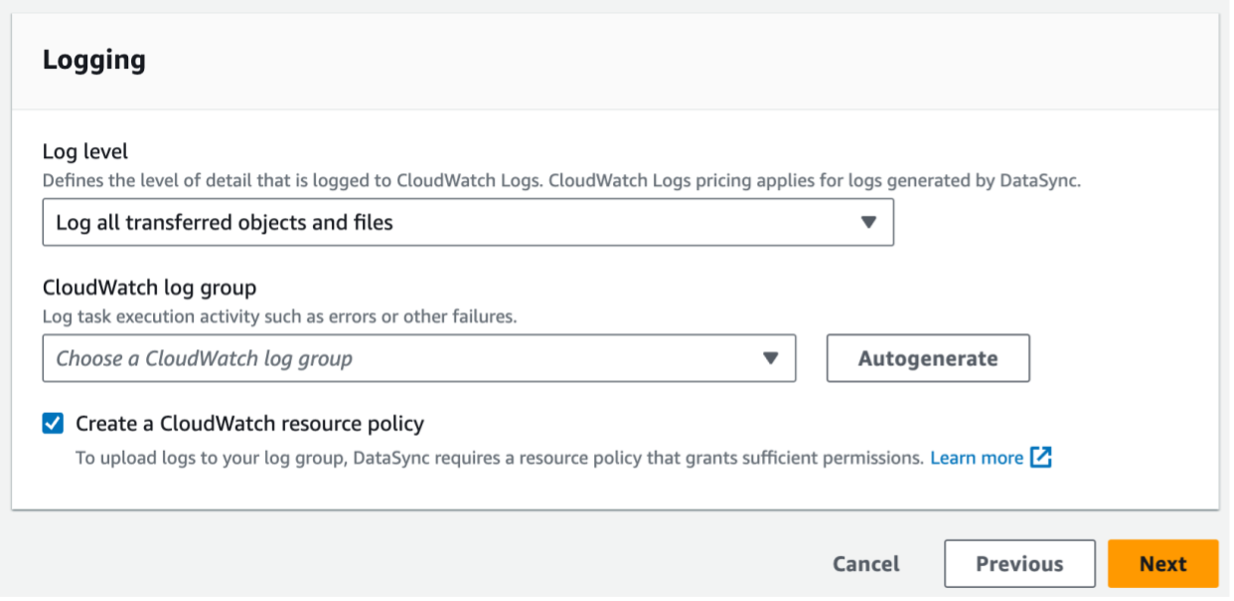 Figure 7. Name, Source data, and Transfer options for DataSync task 5.	Select the required logging level. For this guide, I select Log all transferred objects and files. In case you need to copy millions of objects, I recommend selecting Log basic information such as transfer errors. 6.	Autogenerate a CloudWatch log group and resource policy, or select existing ones to use and select the Next button.