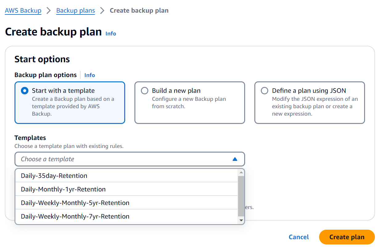 Create backup plan - Start with a template