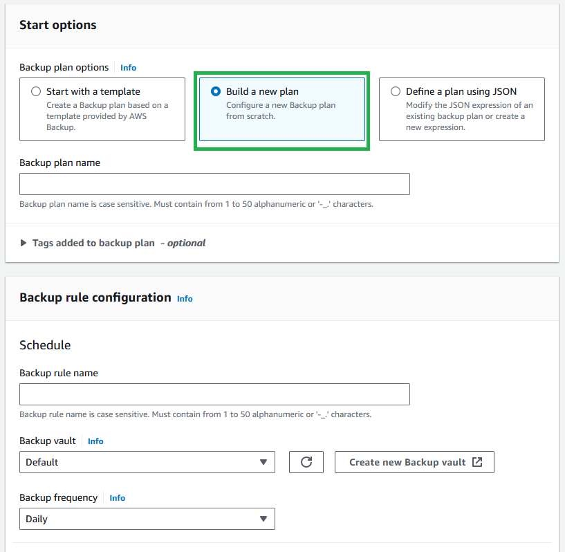 Create backup plan - Build a new plan
