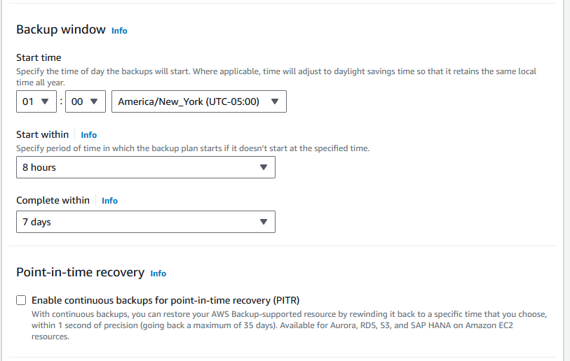 Create backup plan - Backup window