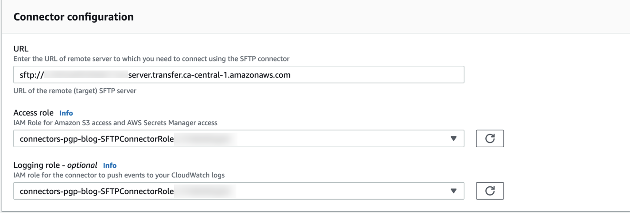 Figure 19: The following screenshot shows how to configure the AWS Transfer Family SFTP connector